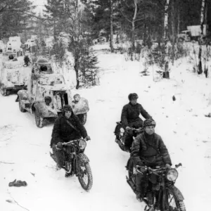 Soviet motor cyclists and armoured cars advancing during the Second World War