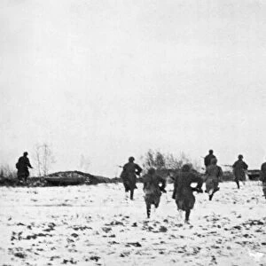 A Soviet Red Army infantry unit pursuing the retreating enemy German army during