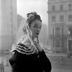 Spanish Mantilla lace held to the head by a real Carnation and is Modelled by Jill Howard