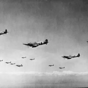 Print of Spitfires in flight over Normandy, 10th June 1944 Print of Spitfires in flight over Normandy, 10th June 1944