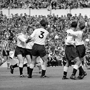 Spurs 2 v. Sheffield United 0. Frank Saul (l) being congratulated by team mates