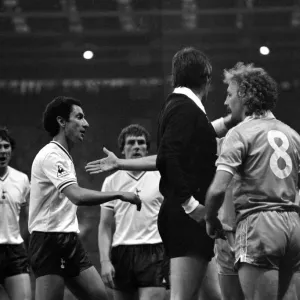 Spurs players argue with the referee l-r Steve Perryman, Ossie Ardiles Spurs players argue with the referee l-r Steve Perryman, Ossie Ardiles