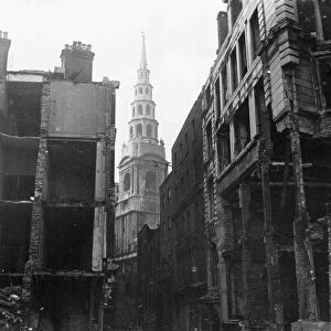 St Brides Church on Fleet Street, London, and its surroundings damaged in The Blitz