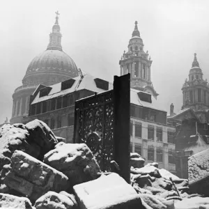 Print of St Paul's Cathedral amidst London Blitz ruins, January 1942