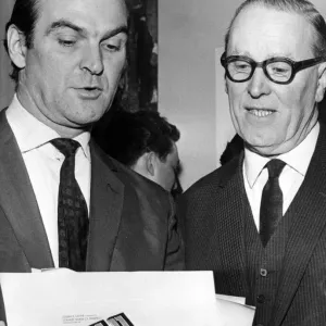 Stanley Baker chats with Mr. Julian Hodge at the reception at the Park Hotel, Cardiff