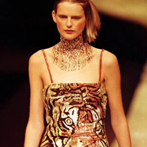 Stella Tennant models dress with tiger motif designed by Valentino at Paris Fashion Week