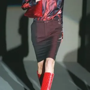 Stella Tennant wearing one of Gucci latest fashion two tone skirt and top in Milan