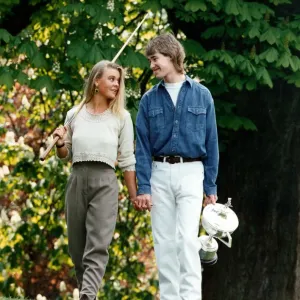 Stephen Hendry with Mandy Tart Walking with Trophy Print, 1st May 1990 Stephen Hendry with Mandy Tart Walking with Trophy Print, 1st May 1990