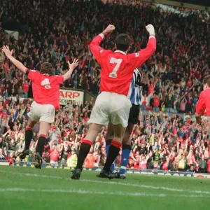 Steve Bruce, (wearing the number 4 shirt) celebrates the 96th minute winner for Steve Bruce, (wearing the number 4 shirt) celebrates the 96th minute winner for