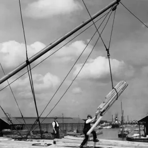 Stevedores unloading 6000 tons of Empire wood, Douglas Fir and Oregon Pine Stevedores unloading 6000 tons of Empire wood, Douglas Fir and Oregon Pine