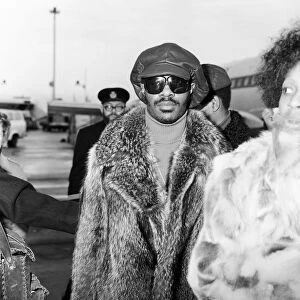 Stevie Wonder arriving at London Airport. 24th January 1974