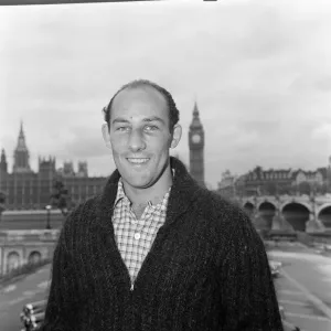 Stirling Moss in the grounds of St Thomas Hospital at Westminster, London