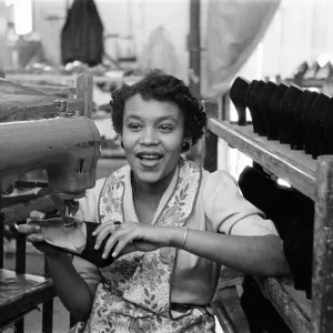 Stitching a upper of a shoe at the H Solomons shoe factory in Tottenham. 30th July 1956 Stitching a upper of a shoe at the H Solomons shoe factory in Tottenham. 30th July 1956