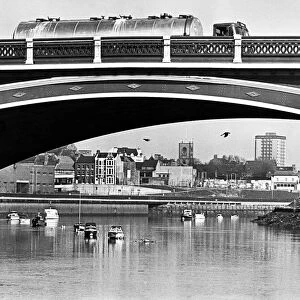 Stockton framed in the arches of Victoria Bridge, County Durham. 9th April 1978