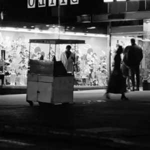 Street trader selling hot dogs. Birmingham, West Midlands. 20th November 1970 Street trader selling hot dogs. Birmingham, West Midlands. 20th November 1970