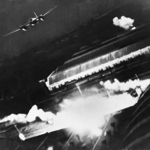Print of a dusk attack on Namur, Belgium from a Mosquito bomber
