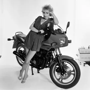 Su Pollard, pictured with a motorbike. January 1984 Su Pollard, pictured with a motorbike. January 1984