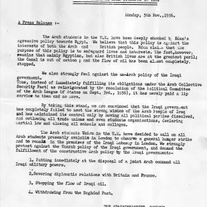Suez Crisis 1956 Press Release put out by Arab students 5 / 11 / 56 Suez Crisis 1956 Press Release put out by Arab students 5 / 11 / 56