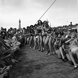 Sunday pictorial beach contest at Blackpool. Competitors take part in a game of tug o war