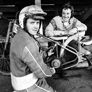 Superbike riders at Belle Vue. Champion trials riders Martin Lapkin (left