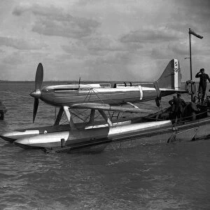 A Supermarine S6B Seaplane powered by a Rolls Royce engine seen here being prepared for