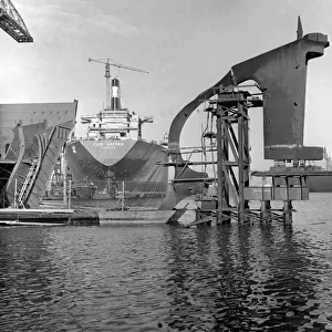 The supertanker Esso Hibernia being fitted out after her launch on the River Tyne at Swan