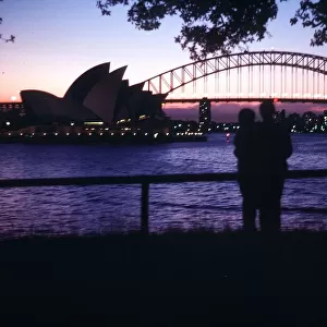 Sydney Harbour Bridge N. S. W. in Australia at sunset, circa 1971