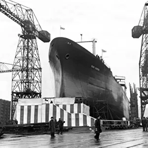 The tanker Esso Exeter stands waiting to be launched in a North East shipyard