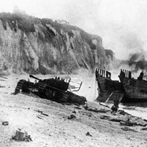 Tanks landing on beach at Dieppe during the raid by Allied commandos on the German
