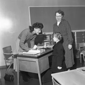 Teacher Greets a New Pupil, South Mead School Print, 1954