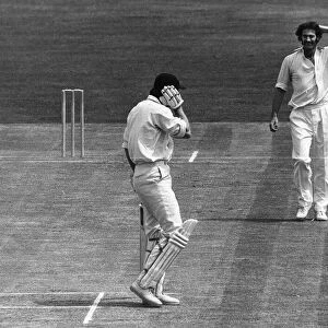 Ted Dexter batsman receives ball from Australian fast bowler Dennis Lillee