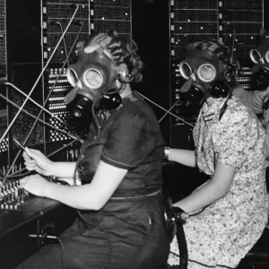 Telephone Girls in Gas Masks, Whitley Bay Post Office, 1938 Print Telephone Girls in Gas Masks, Whitley Bay Post Office, 1938 Print