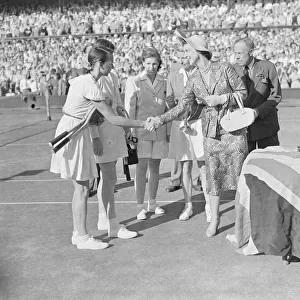 Tennis Wimbledon Womens Double Final. 1949 Duchess of Kent shaking hands with