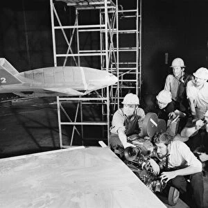 Thunderbird II takes off in Slough film studios during filming of the Thunderbirds series