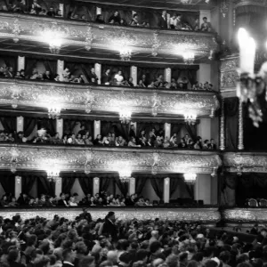 Tiers of boxes in the crimson and gold splendour of the Bolshoi Theatre, Moscow. 1962 Tiers of boxes in the crimson and gold splendour of the Bolshoi Theatre, Moscow. 1962