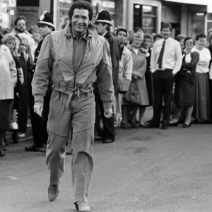 Tom Jones in Taff Street, Pontypridd, filming his TV show. 3rd December 1987