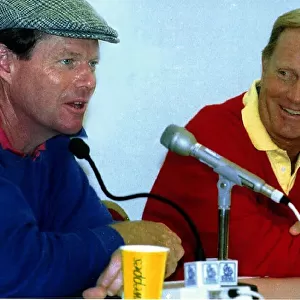 Tom Watson golfer with Jack Nicklaus at the open microphone interview jumper cap
