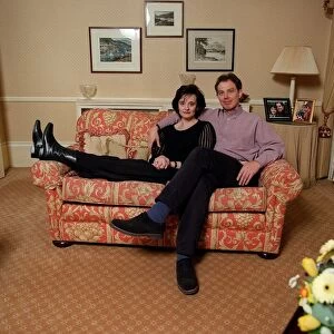 Tony Blair at home with wife Cherie relaxing in the lounge. March 1997