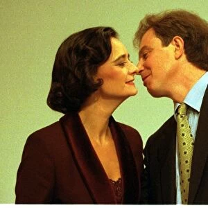 Tony Blair Labour leader MP kisses his wife Cherie after making his speech at the Labour