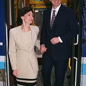 Tony Blair Labour Party leader with his wife Cherie Blair arriving at Gloucester Station
