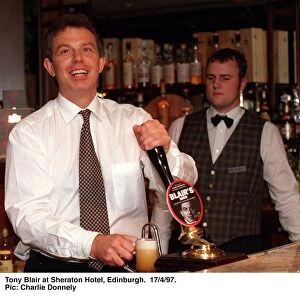 Tony Blair at Sheraton Hotel Edinburgh pulling a half pint of Blairs Brew from pump