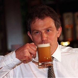 Tony Blair at Sheraton Hotel Edinburgh sipping Blairs Brew. April 1997