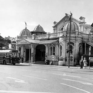 Torquay Pavilion front view, in 1971. Showing bus, bus stop