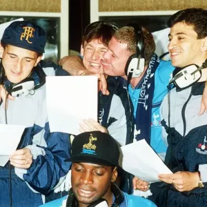 Tottenham Hotspur footballer Paul Gascoigne ficks the face of one of his Spurs team mates