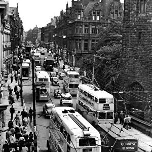 Trolleybus traffic in Grainger Street, Newcastle in July 1957