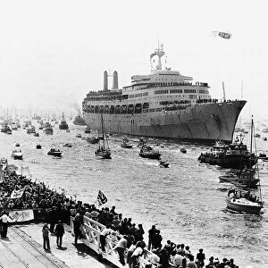 The troop ship SS Canberra is welcomed home from the Falklands War by a flotilla of