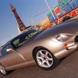 TVR car February 1999 Road Record TVR speed six in Blackpool Tower in background TVR car February 1999 Road Record TVR speed six in Blackpool Tower in background