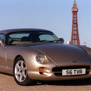 TVR car February 1999 Road Record TVR speed six in Blackpool Tower in background TVR car February 1999 Road Record TVR speed six in Blackpool Tower in background