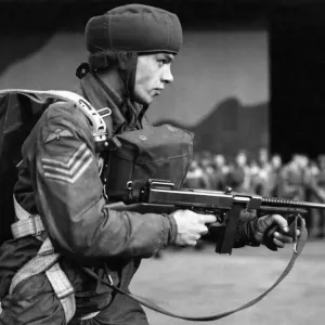 A typical paratroop of Airborne Forces, complete with rubber crash helmet A typical paratroop of Airborne Forces, complete with rubber crash helmet
