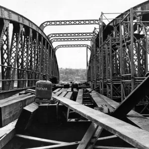 Black and white print of Cardiff's Queens Pier Head Bridge